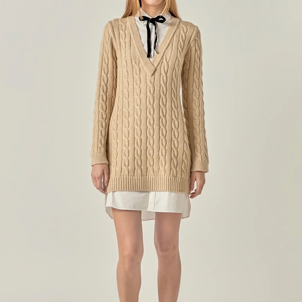 English Factory Cable Knit V-Neck Sweater Dress